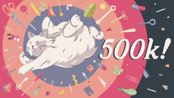 A Little to the Left key art celebrating 500,000 sales, featuring a range of household items arranged neatly around a happy white cat showing its fluffy belly.